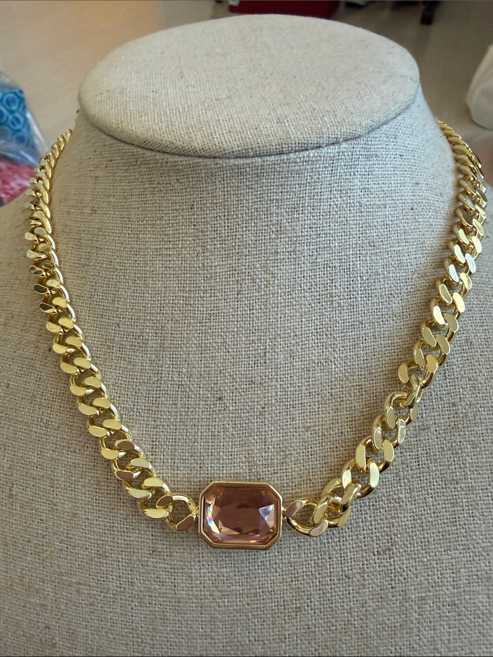 Gold Chain Necklace with Rose-Pink Gemstone Centerpiece